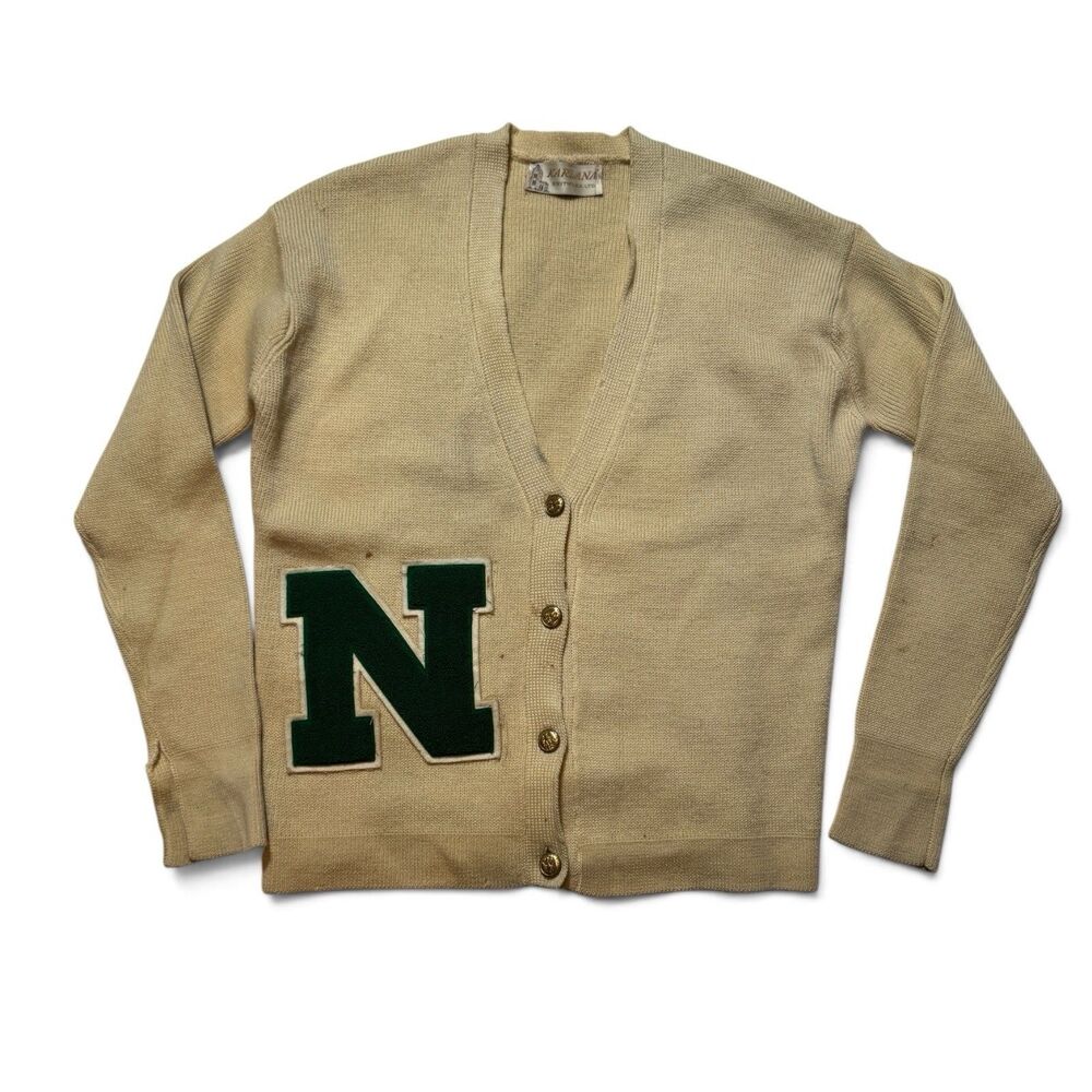Vintage Karlana Scotland Wool Letterman Cardigan Sweater Beige M Varsity